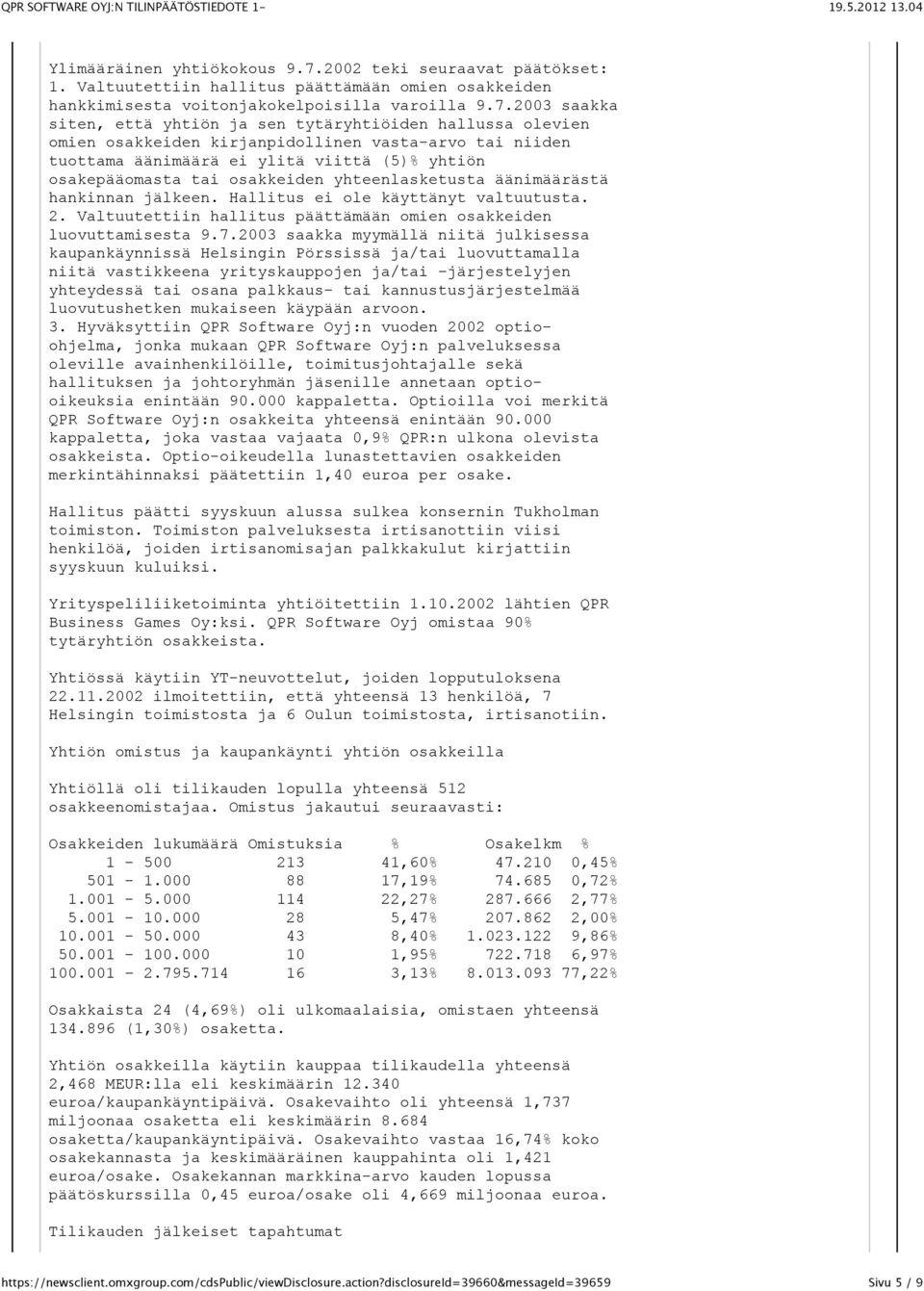 2003 saakka siten, että yhtiön ja sen tytäryhtiöiden hallussa olevien omien osakkeiden kirjanpidollinen vasta-arvo tai niiden tuottama äänimäärä ei ylitä viittä (5)% yhtiön osakepääomasta tai