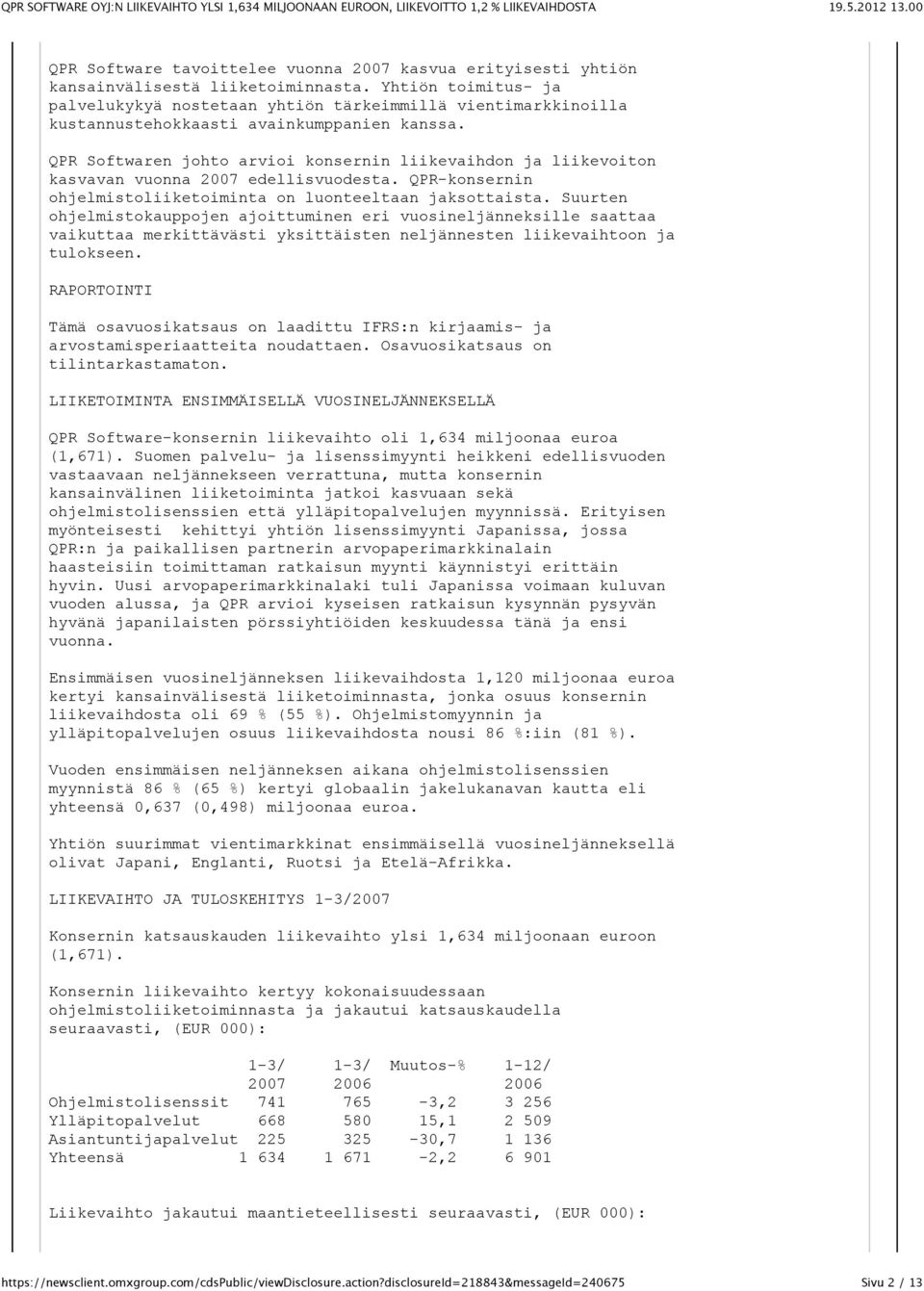 QPR Softwaren johto arvioi konsernin liikevaihdon ja liikevoiton kasvavan vuonna 2007 edellisvuodesta. QPR-konsernin ohjelmistoliiketoiminta on luonteeltaan jaksottaista.