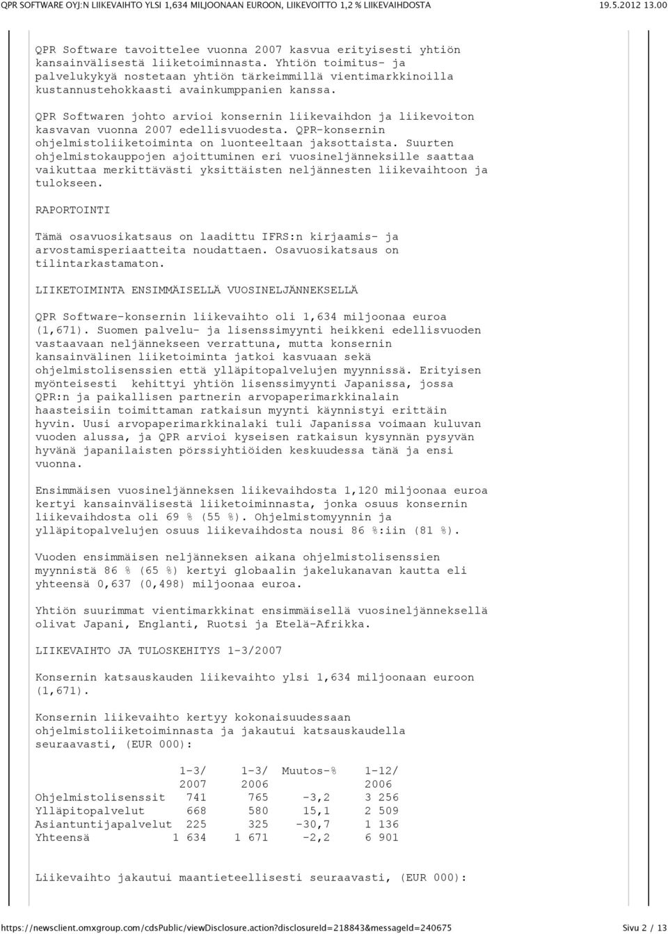 QPR Softwaren johto arvioi konsernin liikevaihdon ja liikevoiton kasvavan vuonna 2007 edellisvuodesta. QPR-konsernin ohjelmistoliiketoiminta on luonteeltaan jaksottaista.