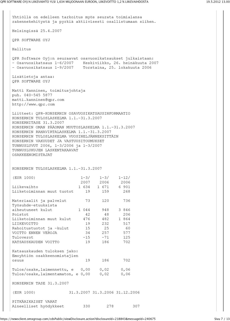 lokakuuta 2006 Lisätietoja antaa: QPR SOFTWARE OYJ Matti Kanninen, toimitusjohtaja puh. 040-545 5877 matti.kanninen@qpr.