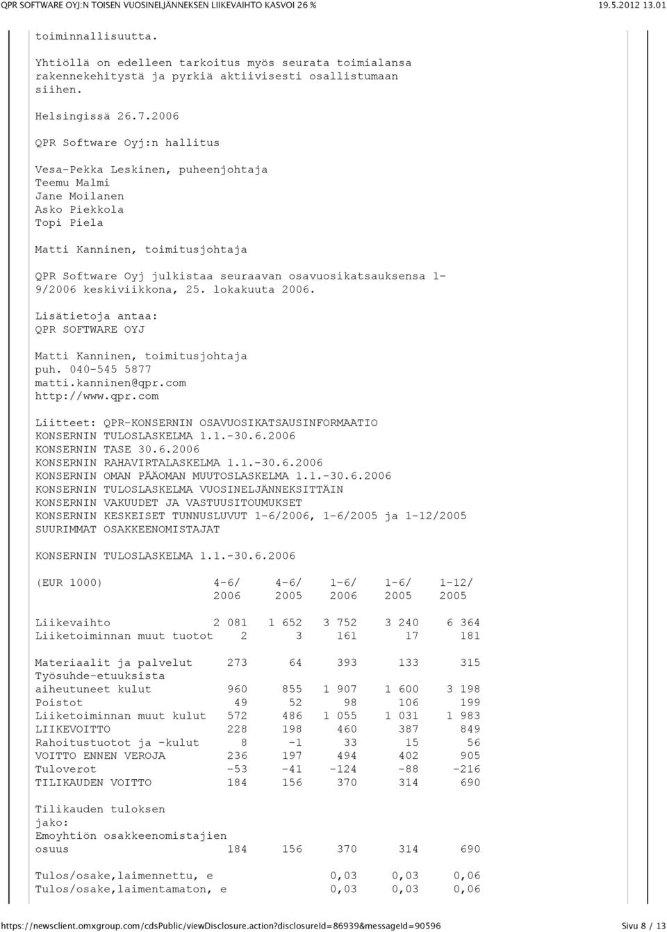 osavuosikatsauksensa 1-9/2006 keskiviikkona, 25. lokakuuta 2006. Lisätietoja antaa: QPR SOFTWARE OYJ Matti Kanninen, toimitusjohtaja puh. 040-545 5877 matti.kanninen@qpr.