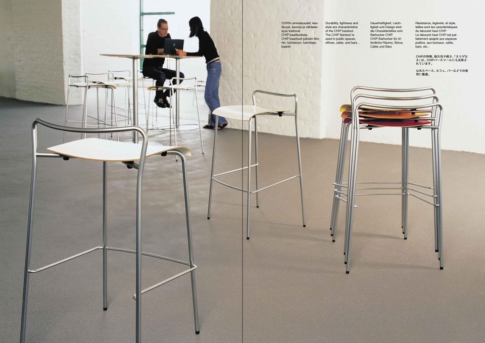 The CHIP Barstool is used in public spaces, offices, cafés, and bars Dauerhaftigkeit, Leichtigkeit und Design sind die Charakteristika vom Barhocker CHIP.
