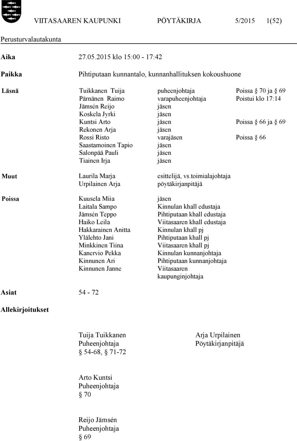 jäsen Koskela Jyrki jäsen Kuntsi Arto jäsen Poissa 66 ja 69 Rekonen Arja jäsen Rossi Risto varajäsen Poissa 66 Saastamoinen Tapio jäsen Salonpää Pauli jäsen Tiainen Irja jäsen Muut Laurila Marja