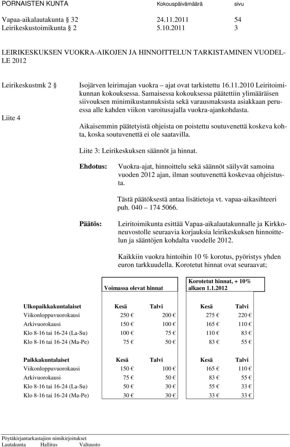 Samaisessa kokouksessa päätettiin ylimääräisen siivouksen minimikustannuksista sekä varausmaksusta asiakkaan peruessa alle kahden viikon varoitusajalla vuokra-ajankohdasta.