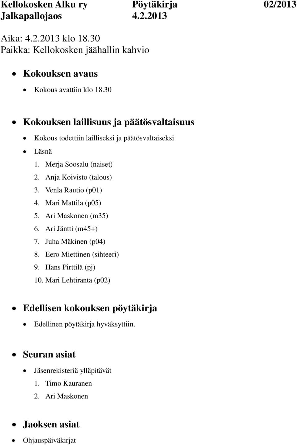 Venla Rautio (p01) 4. Mari Mattila (p05) 5. Ari Maskonen (m35) 6. Ari Jäntti (m45+) 7. Juha Mäkinen (p04) 8. Eero Miettinen (sihteeri) 9. Hans Pirttilä (pj) 10.