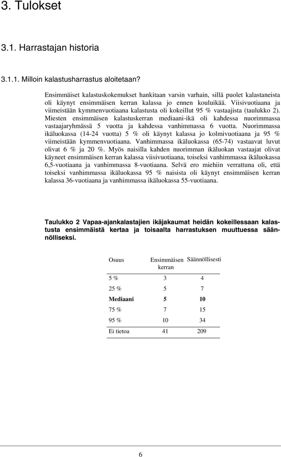 Viisivuotiaana ja viimeistään kymmenvuotiaana kalastusta oli kokeillut 95 % vastaajista (taulukko 2).