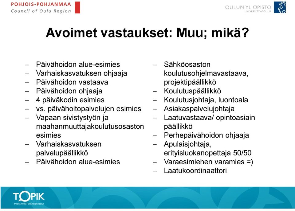 päivähoitopalvelujen esimies Vapaan sivistystyön ja maahanmuuttajakoulutusosaston esimies Varhaiskasvatuksen palvelupäällikkö Päivähoidon