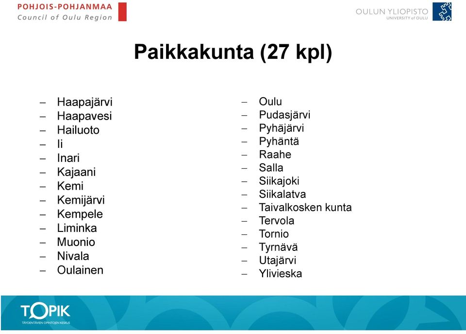 Oulu Pudasjärvi Pyhäjärvi Pyhäntä Raahe Salla Siikajoki