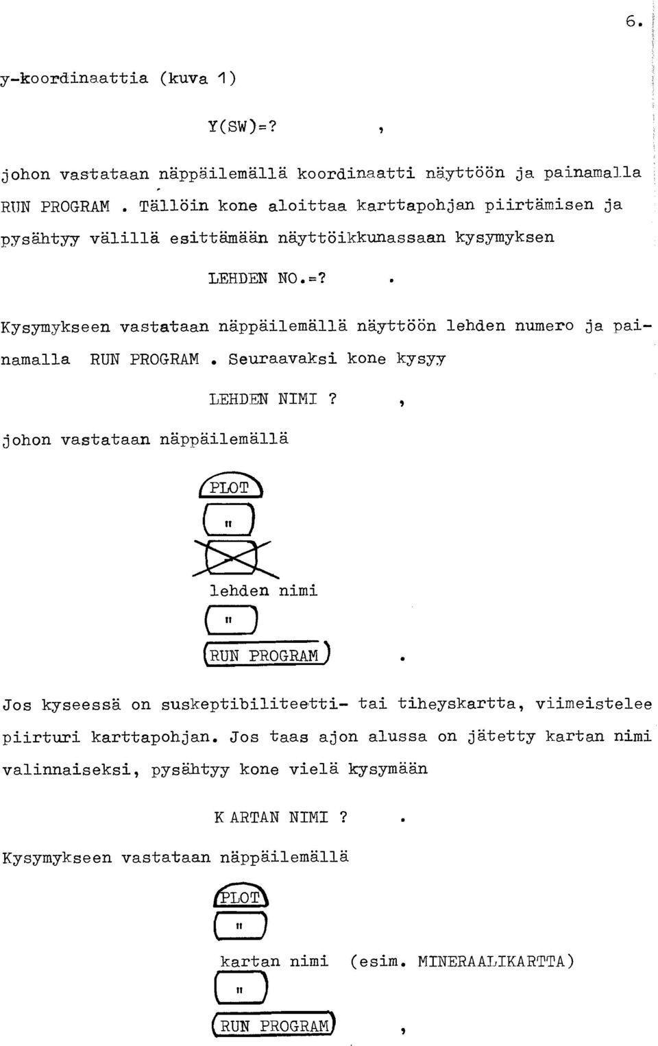 . Kysymykseen vastataan nappailemalla nayttöön lehden numero ja pai- namalla RUN PROGRAM. Seuraavaksi kone kysyy johon vastataan näppailemalla LEHD:GN NIMI?