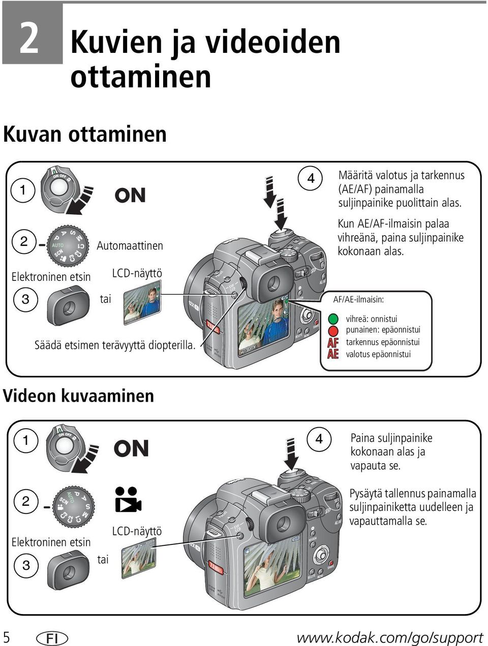 AF/AE-ilmaisin: vihreä: onnistui punainen: epäonnistui tarkennus epäonnistui valotus epäonnistui Videon kuvaaminen 1 4 Paina suljinpainike kokonaan