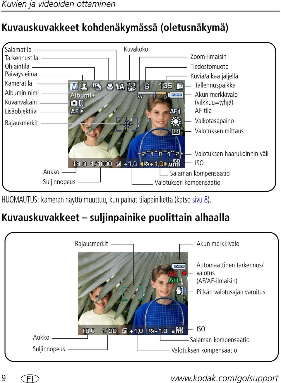 väli ISO Salaman kompensaatio Valotuksen kompensaatio HUOMAUTUS: kameran näyttö muuttuu, kun painat tilapainiketta (katso sivu 8).