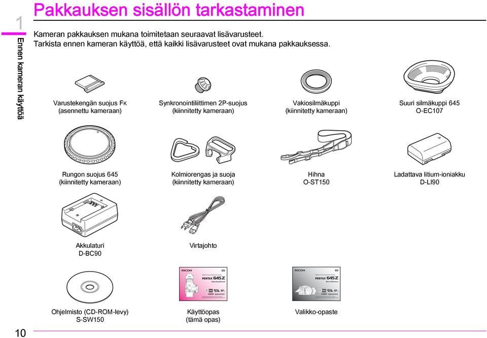 Varustekengän suojus FK (asennettu kameraan) Synkronointiliittimen 2P-suojus (kiinnitetty kameraan) Vakiosilmäkuppi (kiinnitetty kameraan) Suuri