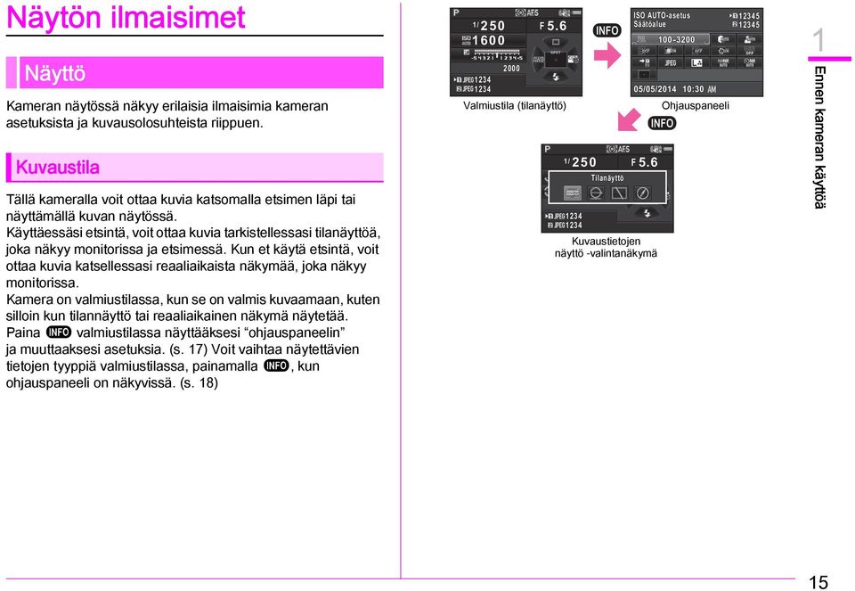 Käyttäessäsi etsintä, voit ottaa kuvia tarkistellessasi tilanäyttöä, joka näkyy monitorissa ja etsimessä.