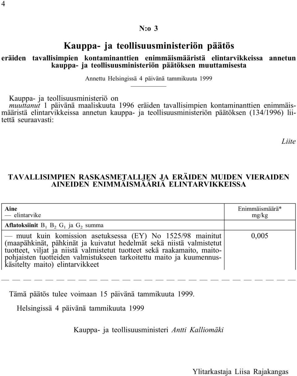 ja teollisuusministeriön päätöksen (134/1996) liitettä seuraavasti: Liite TAVALLISIMPIEN RASKASMETALLIEN JA ERÄIDEN MUIDEN VIERAIDEN AINEIDEN ENIMMÄISMÄÄRIÄ ELINTARVIKKEISSA Aine elintarvike