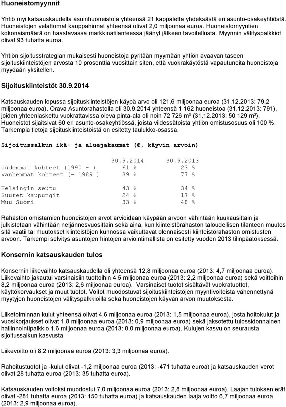 Yhtiön sijoitusstrategian mukaisesti huoneistoja pyritään myymään yhtiön avaavan taseen sijoituskiinteistöjen arvosta 10 prosenttia vuosittain siten, että vuokrakäytöstä vapautuneita huoneistoja