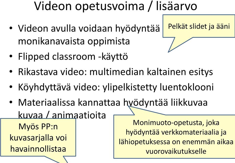 luentoklooni Materiaalissa kannattaa hyödyntää liikkuvaa kuvaa / animaatioita Myös PP:n kuvasarjalla voi