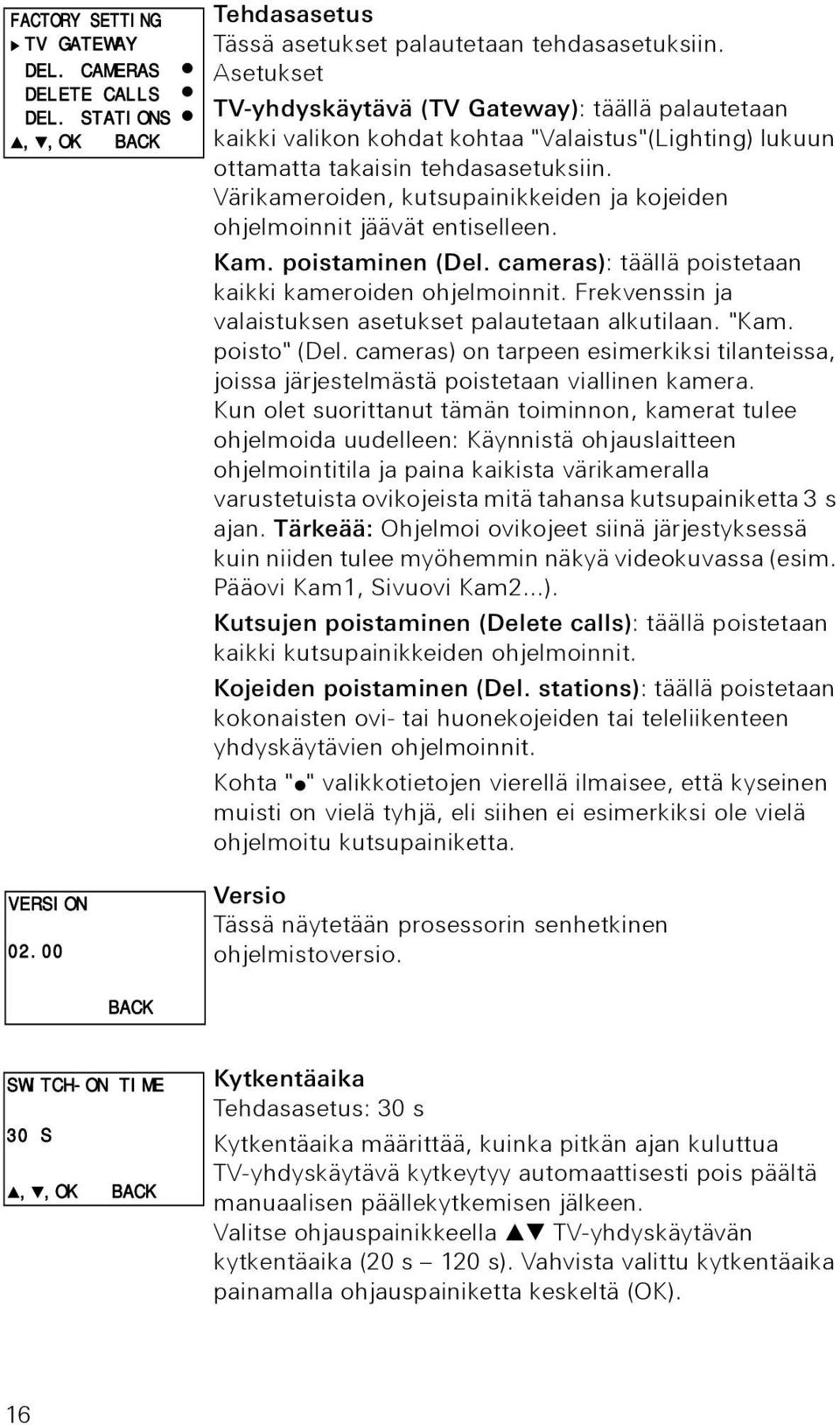 Värikameroiden, kutsupainikkeiden ja kojeiden ohjelmoinnit jäävät entiselleen. Kam. poistaminen (Del. cameras): täällä poistetaan kaikki kameroiden ohjelmoinnit.