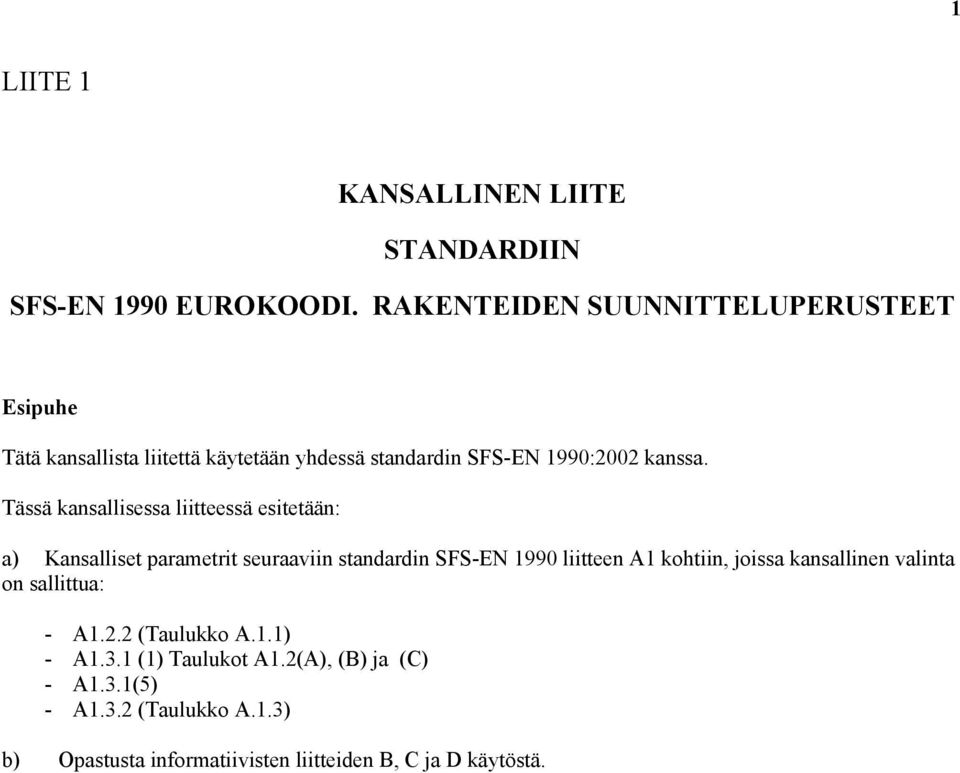 Tässä kansallisessa liitteessä esitetään: a) Kansalliset parametrit seuraaviin standardin SFS-EN 1990 liitteen A1 kohtiin,