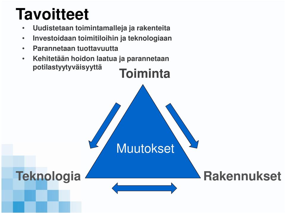 tuottavuutta Kehitetään hoidon laatua ja parannetaan