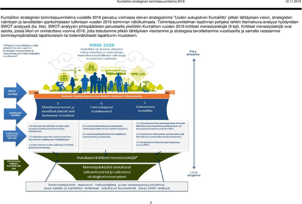 SWOT-analyysin johtopäätösten perusteella yksilöitiin Kuntaliiton vuoden 2016 kriittiset menestystekijät (9 kpl).