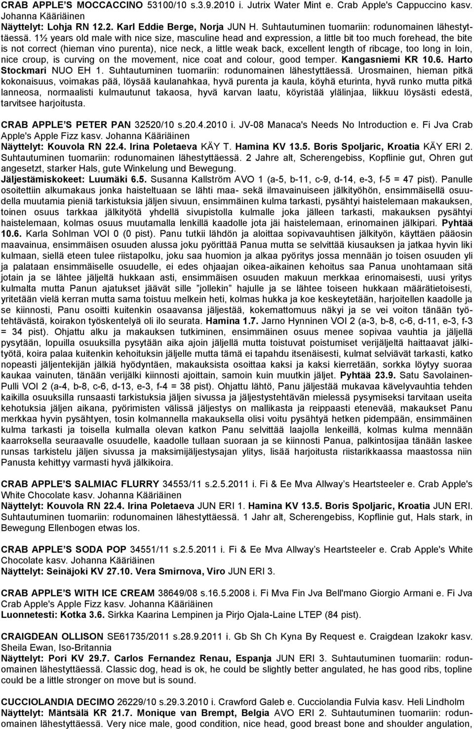 1½ years old male with nice size, masculine head and expression, a little bit too much forehead, the bite is not correct (hieman vino purenta), nice neck, a little weak back, excellent length of