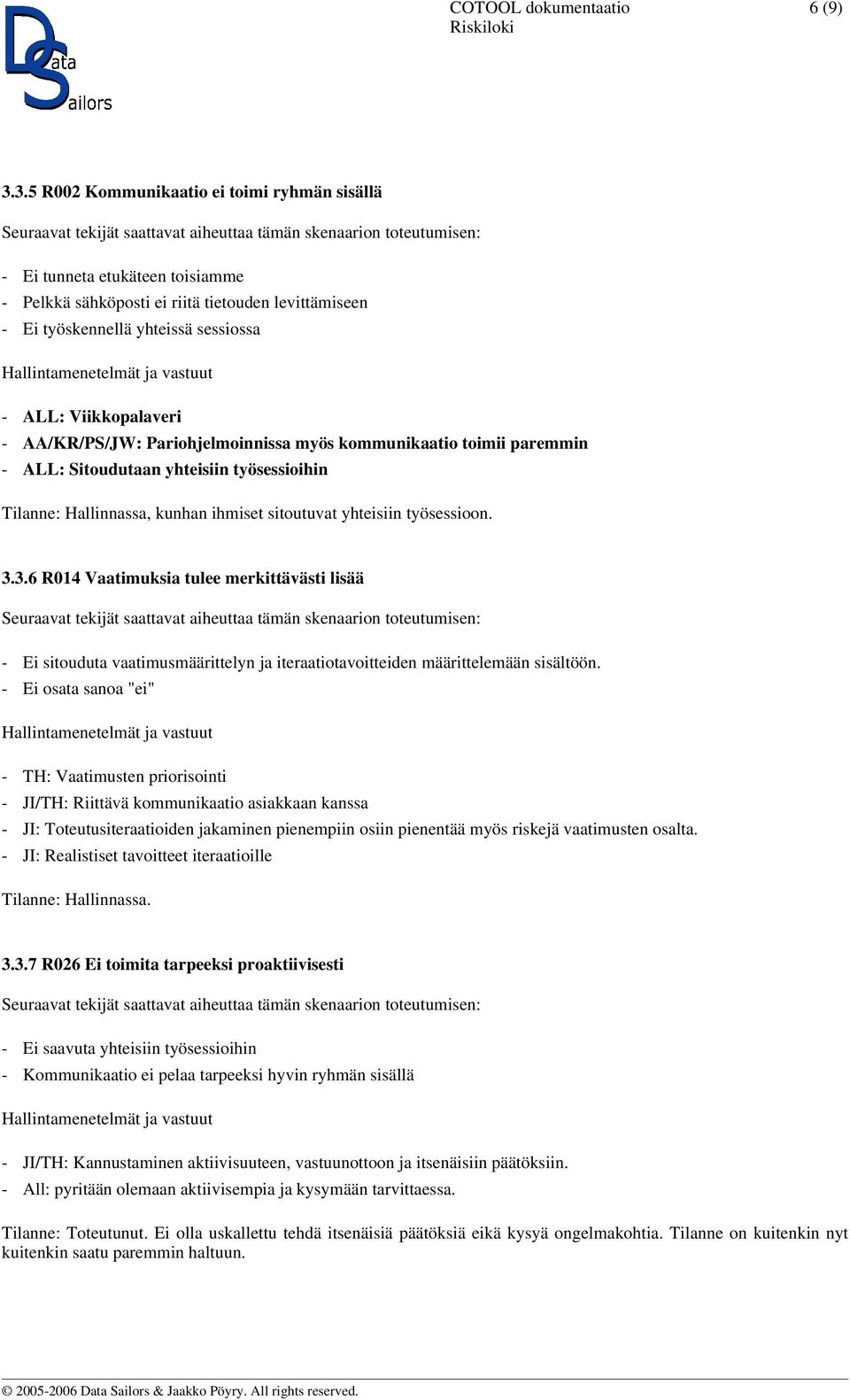 AA/KR/PS/JW: Pariohjelmoinnissa myös kommunikaatio toimii paremmin - ALL: Sitoudutaan yhteisiin työsessioihin Tilanne: Hallinnassa, kunhan ihmiset sitoutuvat yhteisiin työsessioon. 3.