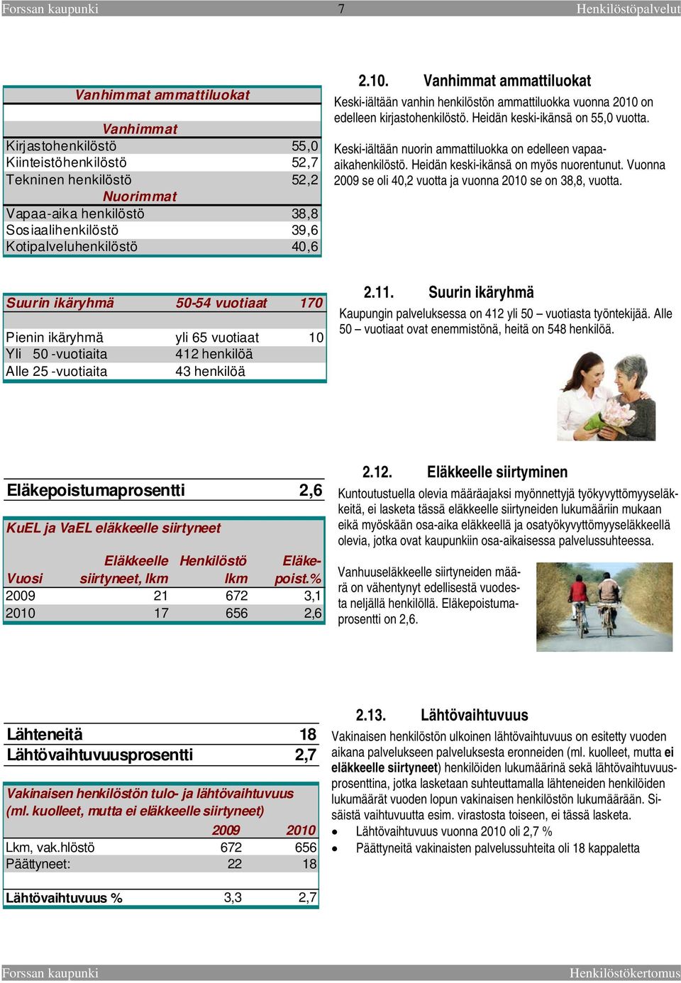 Keski-iältään nuorin ammattiluokka on edelleen vapaaaikahenkilöstö. Heidän keski-ikänsä on myös nuorentunut. Vuonna 2009 se oli 40,2 vuotta ja vuonna 2010 se on 38,8, vuotta.