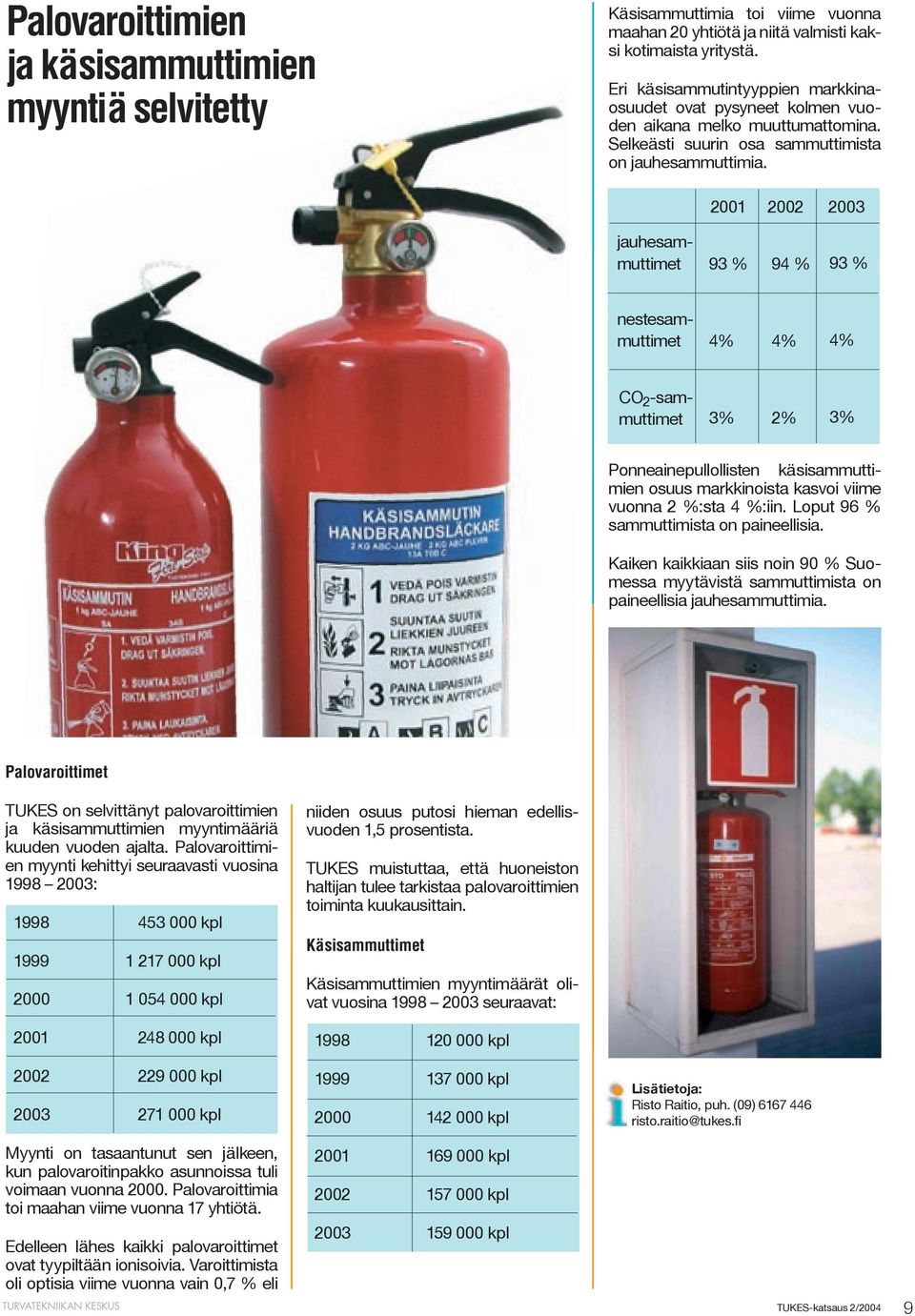 2001 2002 2003 jauhesammuttimet 93 % 94 % 93 % nestesammuttimet 4% 4% 4% CO 2 -sammuttimet 3% 2% 3% Ponneainepullollisten käsisammuttimien osuus markkinoista kasvoi viime vuonna 2 %:sta 4 %:iin.