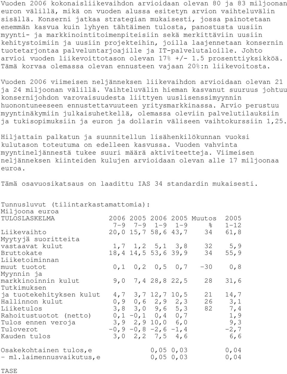 ja uusiin projekteihin, joilla laajennetaan konsernin tuotetarjontaa palveluntarjoajille ja IT-palvelutaloille. Johto arvioi vuoden liikevoittotason olevan 17% +/- 1.5 prosenttiyksikköä.