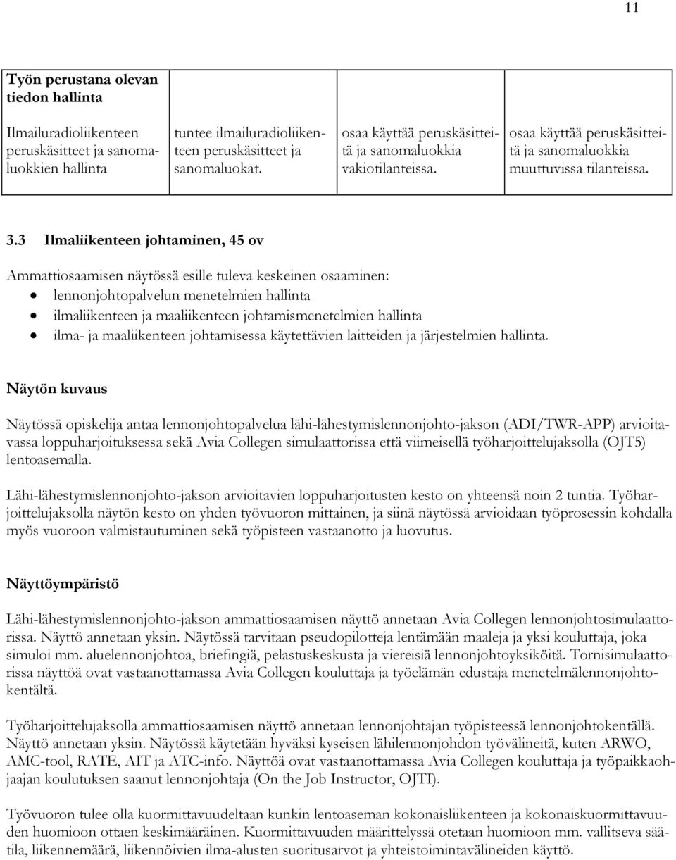 3 Ilmaliikenteen johtaminen, 45 ov Ammattiosaamisen näytössä esille tuleva keskeinen osaaminen: lennonjohtopalvelun menetelmien hallinta ilmaliikenteen ja maaliikenteen johtamismenetelmien hallinta