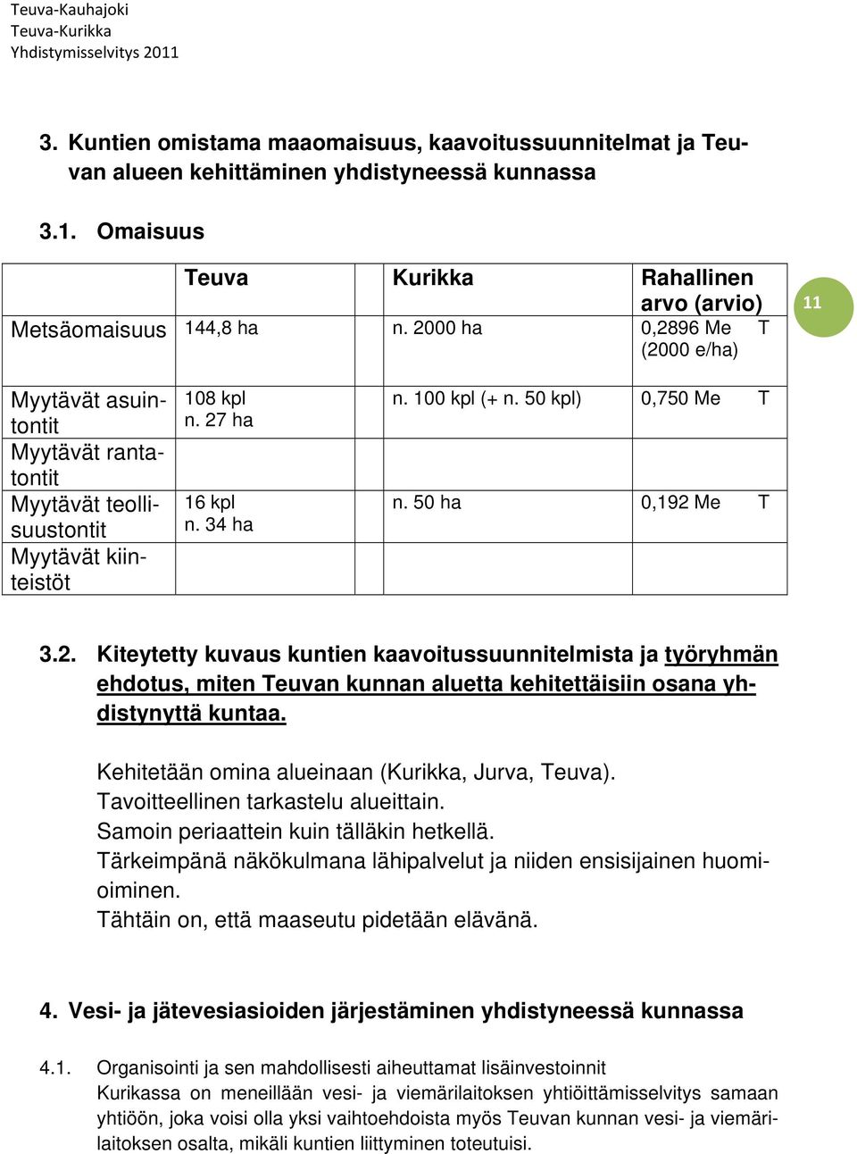 50 ha 0,192 Me T 3.2. Kiteytetty kuvaus kuntien kaavoitussuunnitelmista ja työryhmän ehdotus, miten Teuvan kunnan aluetta kehitettäisiin osana yhdistynyttä kuntaa.