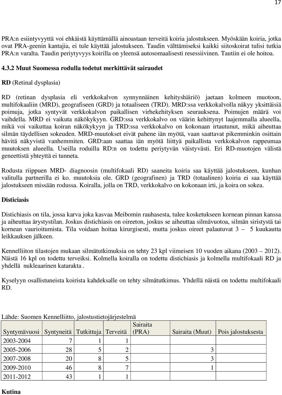 2 Muut Suomessa rodulla todetut merkittävät sairaudet RD (Retinal dysplasia) RD (retinan dysplasia eli verkkokalvon synnynnäinen kehityshäiriö) jaetaan kolmeen muotoon, multifokaaliin (MRD),