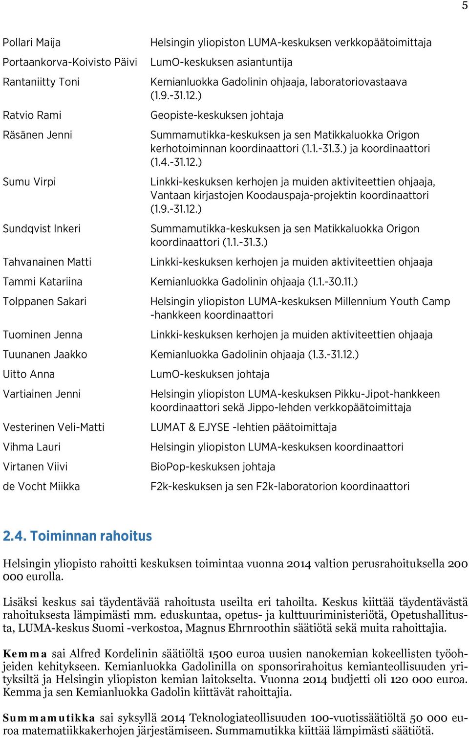 ) Geopiste-keskuksen johtaja Summamutikka-keskuksen ja sen Matikkaluokka Origon kerhotoiminnan koordinaattori (1.1.-31.3.) ja koordinaattori (1.4.-31.12.