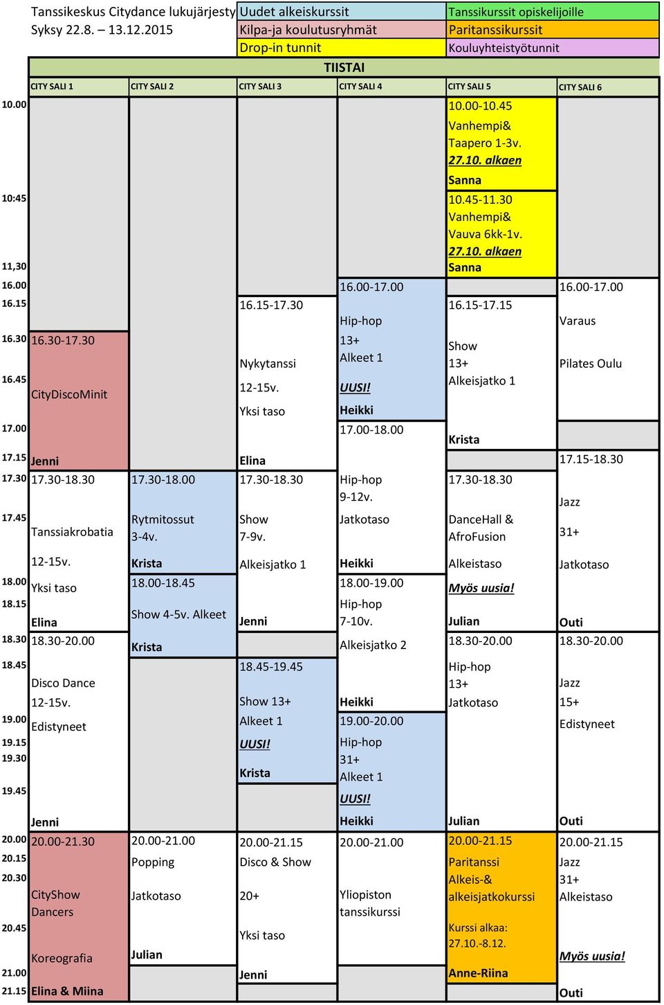 30 17.30 17.30-18.30 17.30-18.00 17.30-18.30 9-12v. 17.45 Tanssiakrobatia Rytmitossut 3-4v. 17.30-18.30 Jazz DanceHall & AfroFusion 31+ 12-15v. Alkeisjatko 1 Heikki 18.00 18.00-18.45 18.00-19.