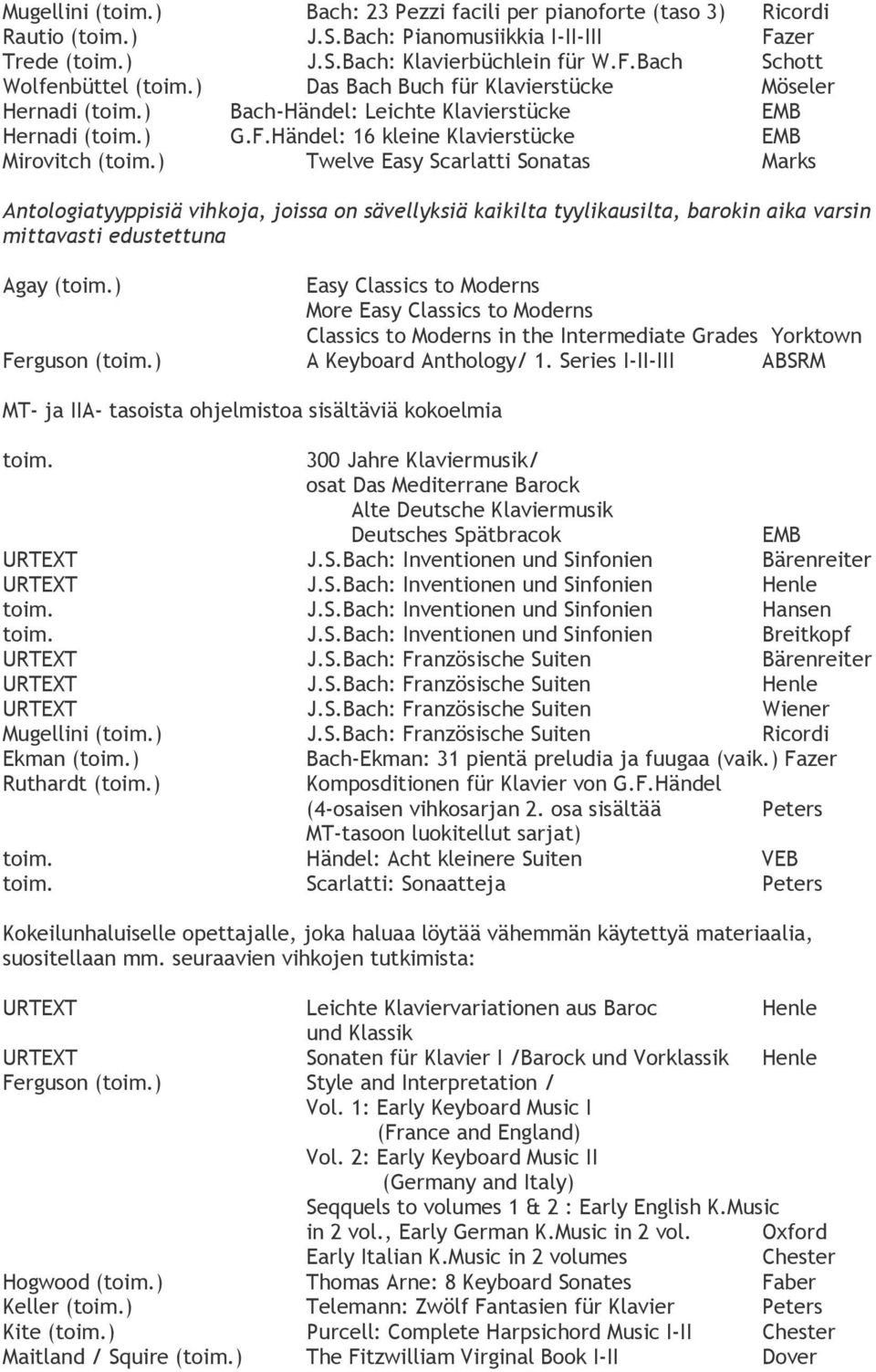 ) Twelve Easy Scarlatti Sonatas Marks Antologiatyyppisiä vihkoja, joissa on sävellyksiä kaikilta tyylikausilta, barokin aika varsin mittavasti edustettuna Agay (toim.