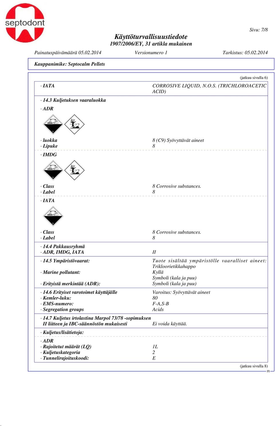 5 Ympäristövaarat: Tuote sisältää ympäristölle vaaralliset aineet: Trikloorietikkahappo Marine pollutant: Kyllä Symboli (kala ja puu) Erityistä merkintää (ADR): Symboli (kala ja puu) 14.