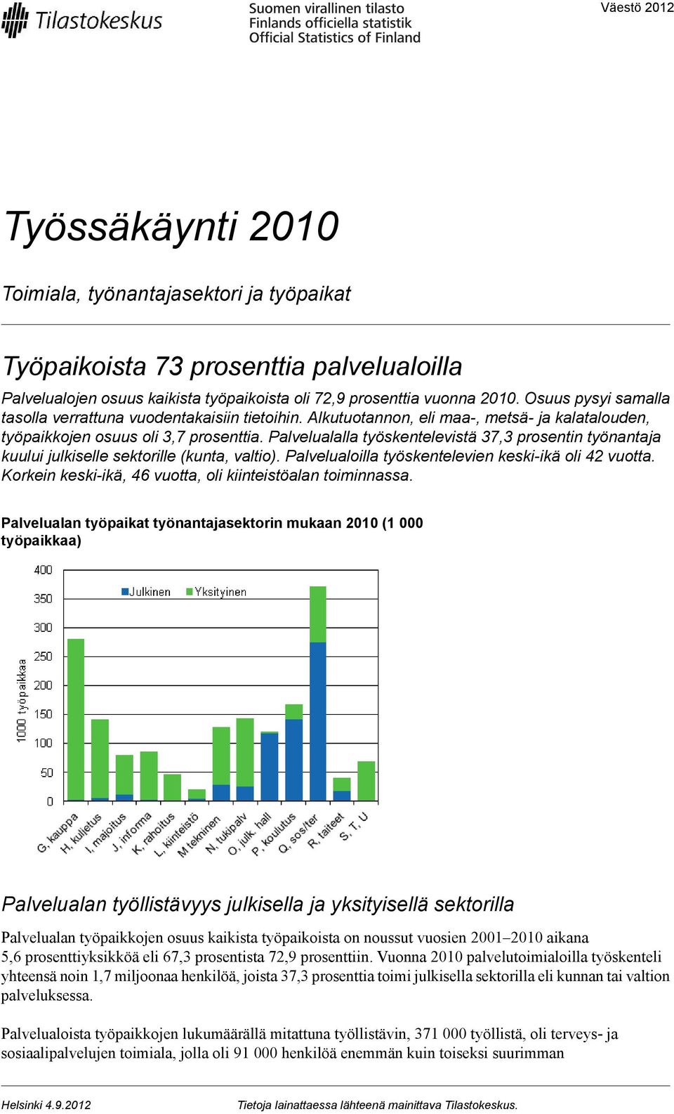 Palvelualalla työskentelevistä 37,3 prosentin työnantaja kuului julkiselle sektorille (kunta, valtio). Palvelualoilla työskentelevien keski-ikä oli 42 vuotta.