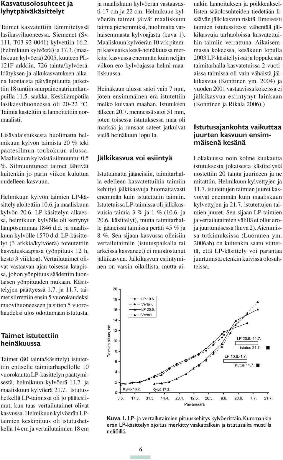 Taimia kasteltiin ja lannoitettiin normaalisti. Lisävalaistuksesta huolimatta helmikuun kylvön taimista 20 % teki päätesilmun toukokuun alussa. Maaliskuun kylvöstä silmuuntui 0,5 %.