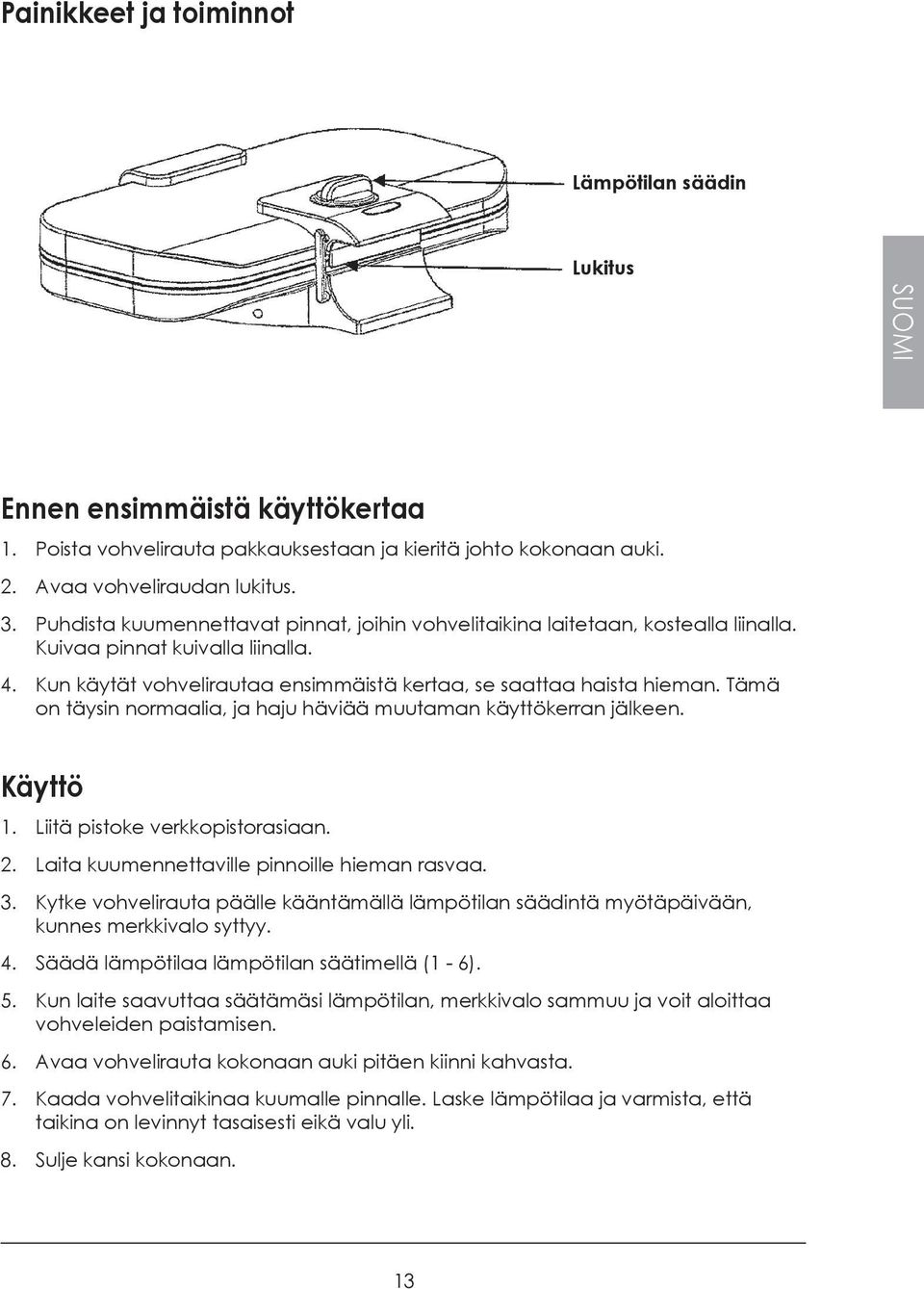 Tämä on täysin normaalia, ja haju häviää muutaman käyttökerran jälkeen. Käyttö 1. Liitä pistoke verkkopistorasiaan. 2. Laita kuumennettaville pinnoille hieman rasvaa. 3.