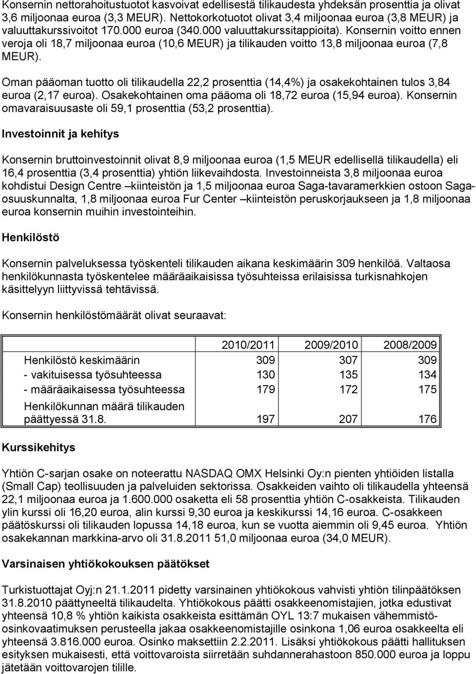 Konsernin voitto ennen veroja oli 18,7 miljoonaa euroa (10,6 MEUR) ja tilikauden voitto 13,8 miljoonaa euroa (7,8 MEUR).