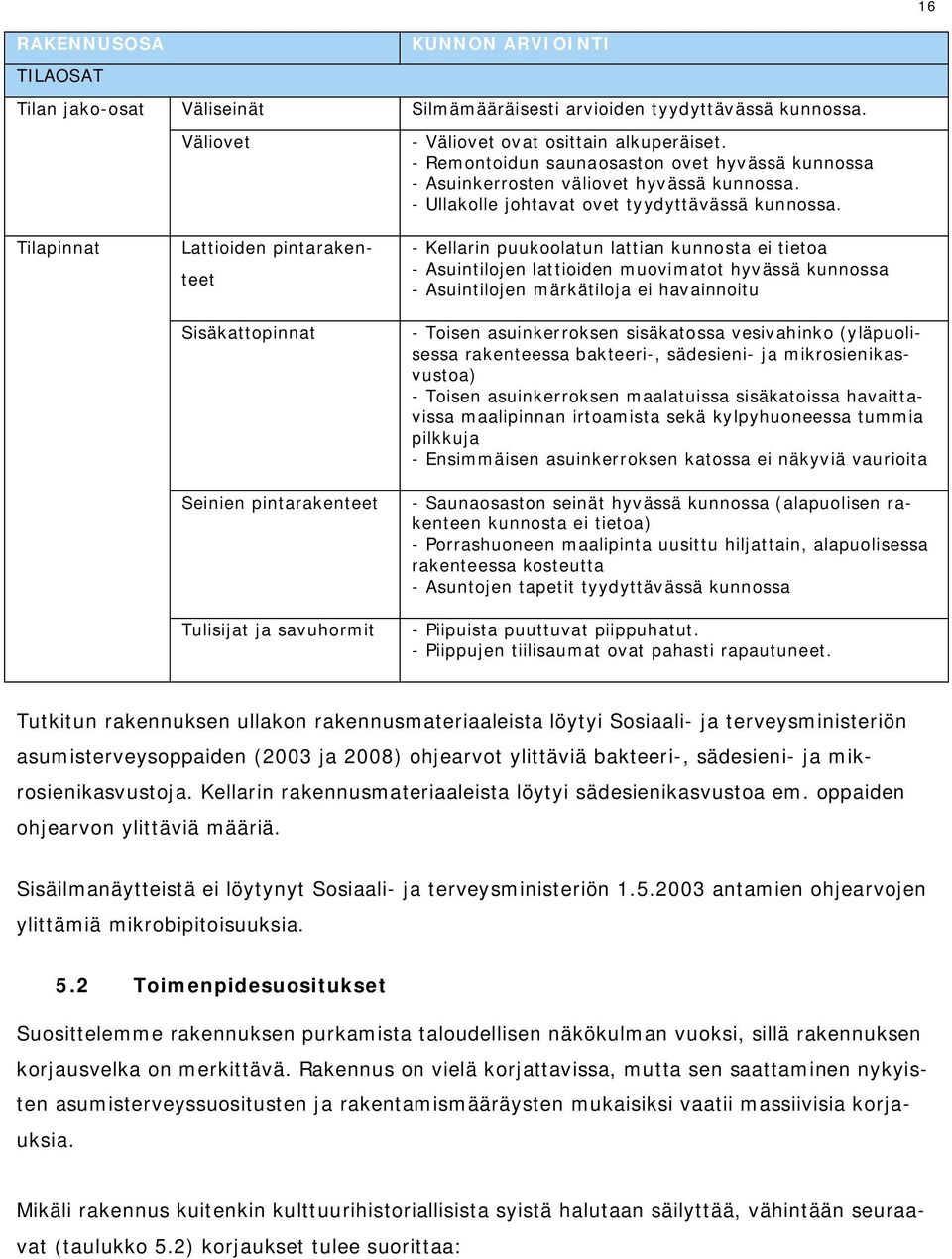 Tilapinnat Lattioiden pintarakenteet Sisäkattopinnat Seinien pintarakenteet Tulisijat ja savuhormit - Kellarin puukoolatun lattian kunnosta ei tietoa - Asuintilojen lattioiden muovimatot hyvässä