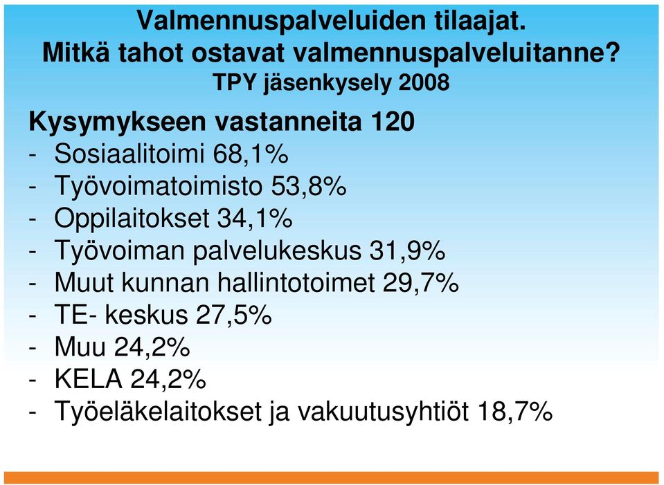 Työvoimatoimisto 53,8% - Oppilaitokset 34,1% - Työvoiman palvelukeskus 31,9% - Muut