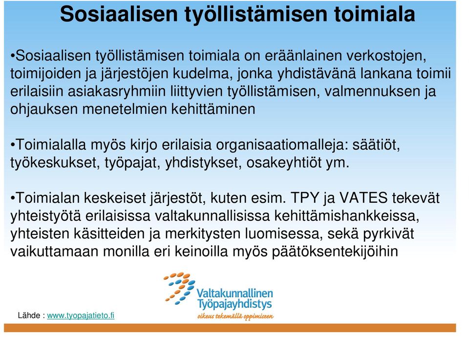 organisaatiomalleja: säätiöt, työkeskukset, työpajat, yhdistykset, osakeyhtiöt ym. Toimialan keskeiset järjestöt, kuten esim.