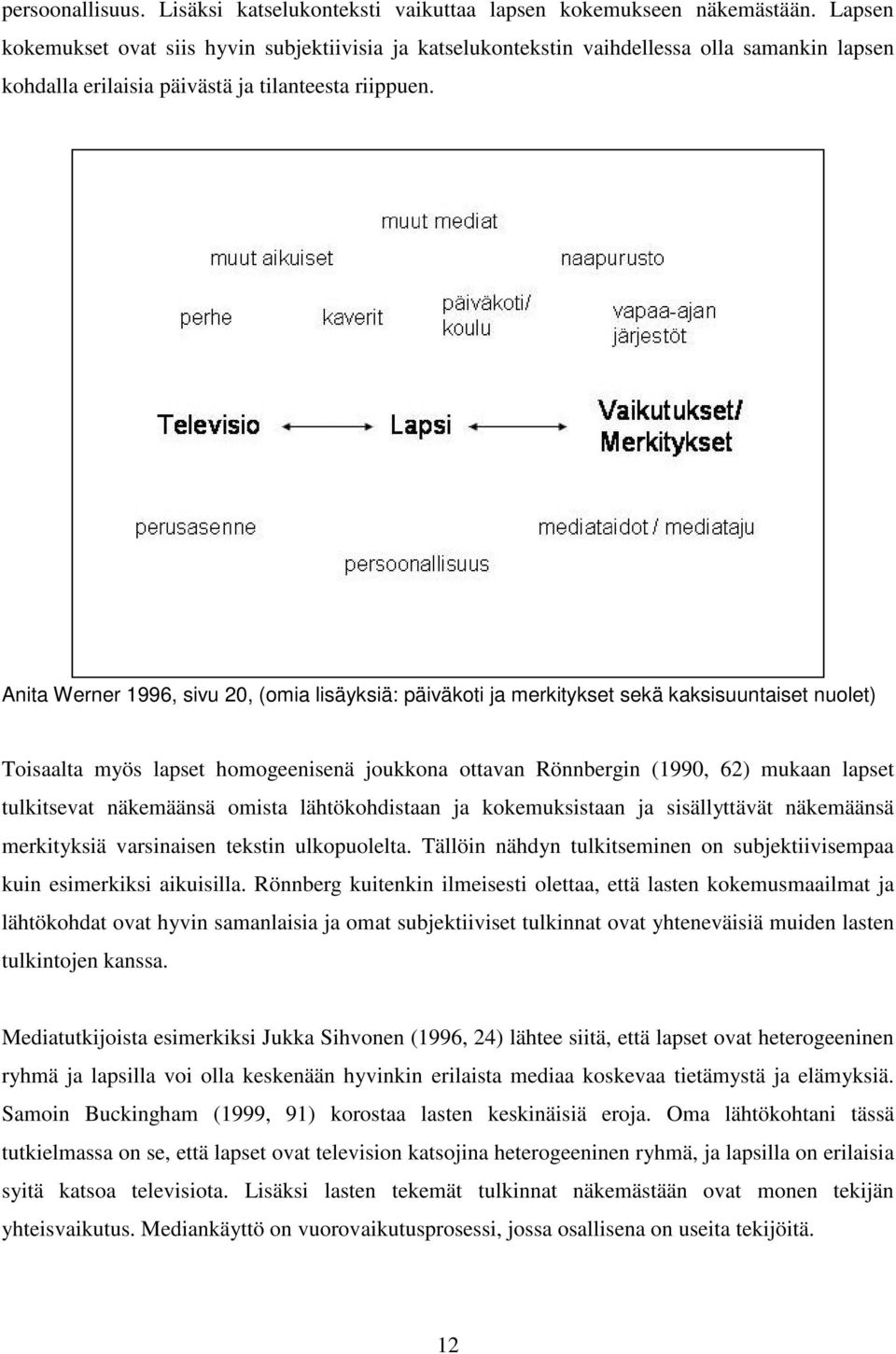 Anita Werner 1996, sivu 20, (omia lisäyksiä: päiväkoti ja merkitykset sekä kaksisuuntaiset nuolet) Toisaalta myös lapset homogeenisenä joukkona ottavan Rönnbergin (1990, 62) mukaan lapset tulkitsevat