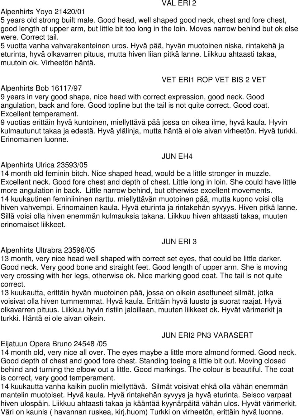 Liikkuu ahtaasti takaa, muutoin ok. Virheetön häntä. VET ERI1 ROP VET BIS 2 VET Alpenhirts Bob 16117/97 9 years in very good shape, nice head with correct expression, good neck.
