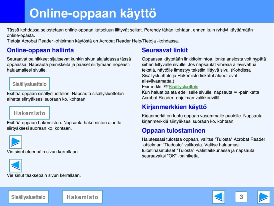 Napsauta painikkeita ja pääset siirtymään nopeasti haluamallesi sivulle. Esittää oppaan sisällysluettelon. Napsauta sisällysluettelon aihetta siirtyäksesi suoraan ko. kohtaan.