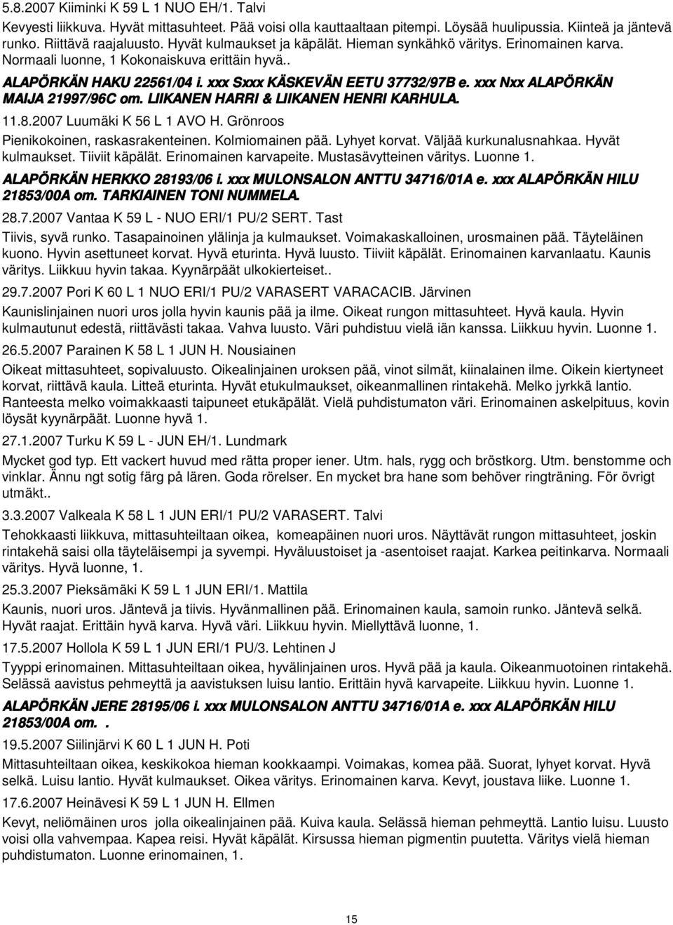 xxx Nxx ALAPÖRKÄN MAIJA 21997/96C om. LIIKANEN HARRI & LIIKANEN HENRI KARHULA. 11.8.2007 Luumäki K 56 L 1 AVO H. Grönroos Pienikokoinen, raskasrakenteinen. Kolmiomainen pää. Lyhyet korvat.