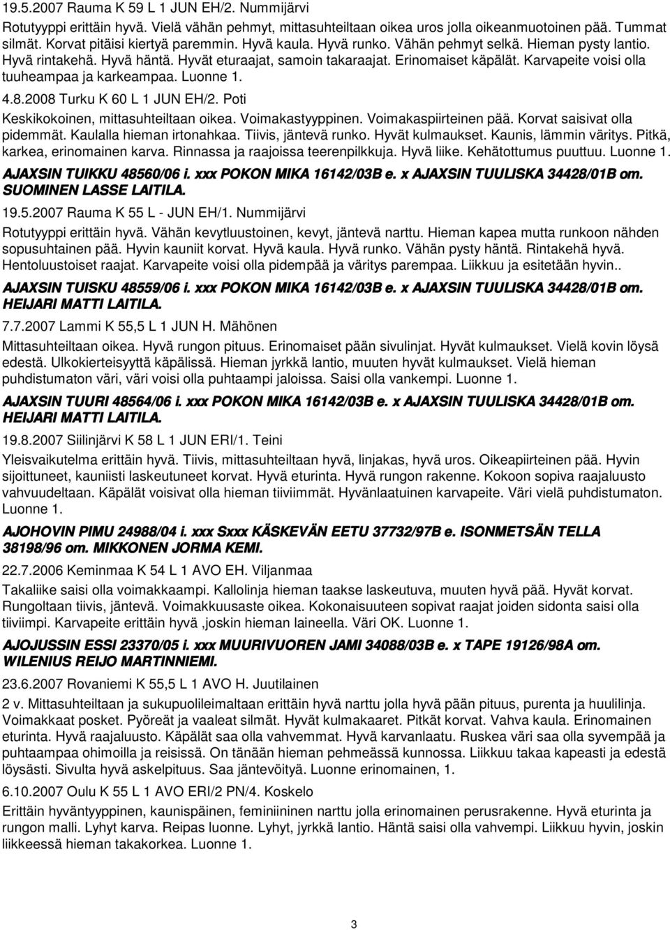 Luonne 1. 4.8.2008 Turku K 60 L 1 JUN EH/2. Poti Keskikokoinen, mittasuhteiltaan oikea. Voimakastyyppinen. Voimakaspiirteinen pää. Korvat saisivat olla pidemmät. Kaulalla hieman irtonahkaa.