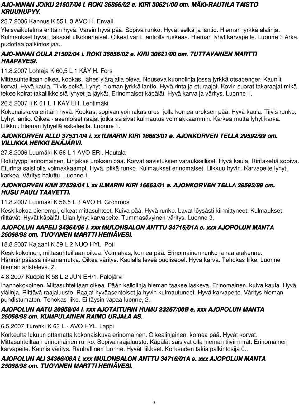 . AJO-NINAN OULA 21502/04 i. ROKI 36856/02 e. KIRI 30621/00 om. TUTTAVAINEN MARTTI HAAPAVESI. 11.8.2007 Lohtaja K 60,5 L 1 KÄY H. Fors Mittasuhteiltaan oikea, kookas, lähes ylärajalla oleva.