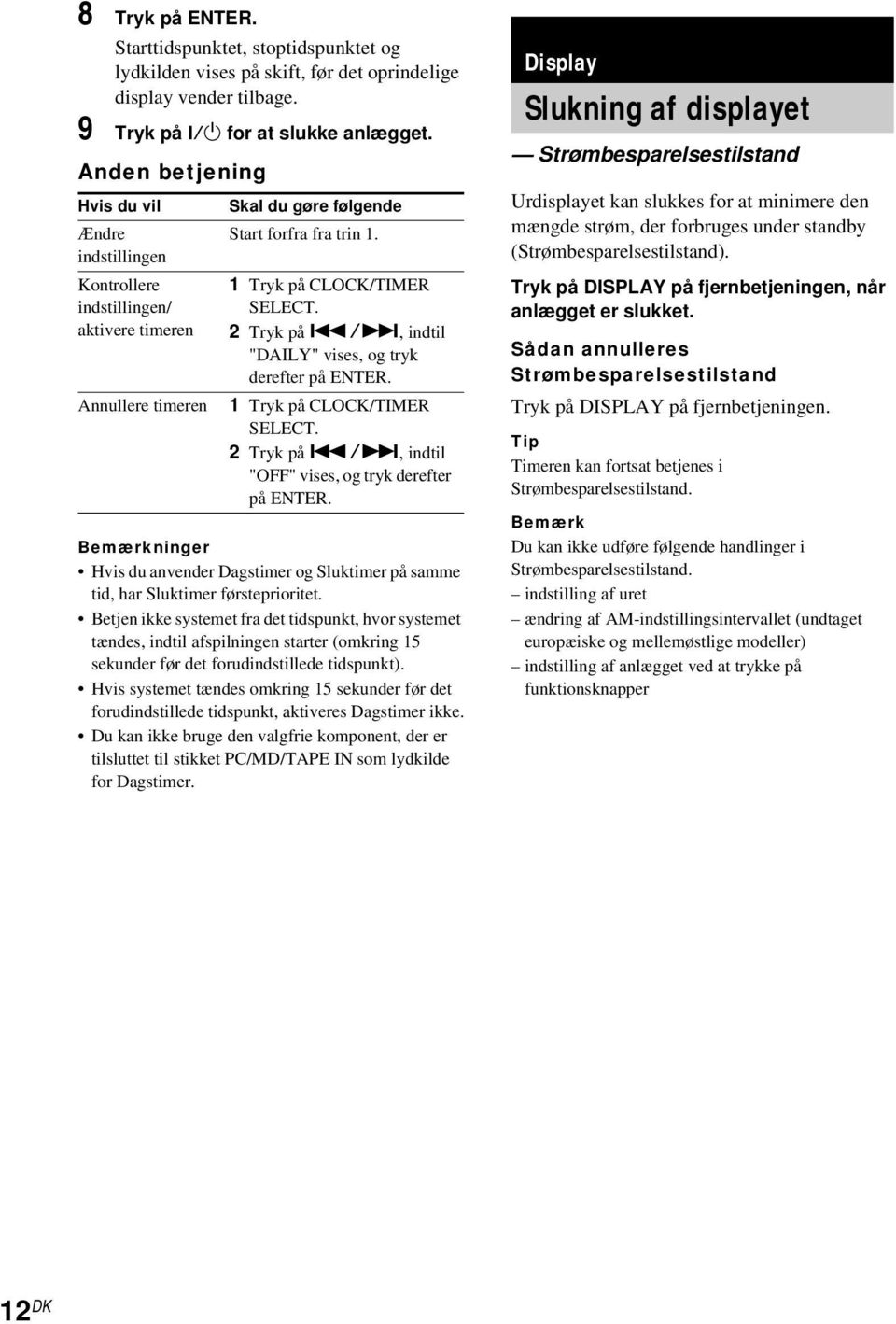 />, indtil "DAILY" vises, og tryk derefter på ENTER. 1 Tryk på CLOCK/TIMER SELECT. 2 Tryk på./>, indtil "OFF" vises, og tryk derefter på ENTER.